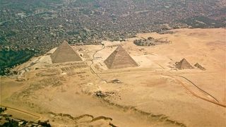 An aerial view of the pyramids of Giza