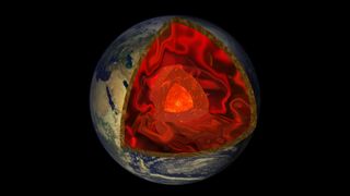 A cross-section diagram showing Earth's crust, mantle, and core