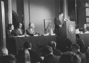 The Limits to Growth team presenting their findings at the Smithsonian Institution in Washington, D.C., in 1972, during the official launch event attended by members of The Club of Rome and the press