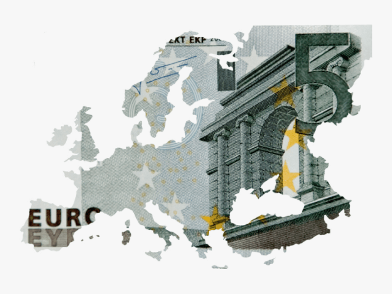A visual of Europe overlayed with Euro signs and money.